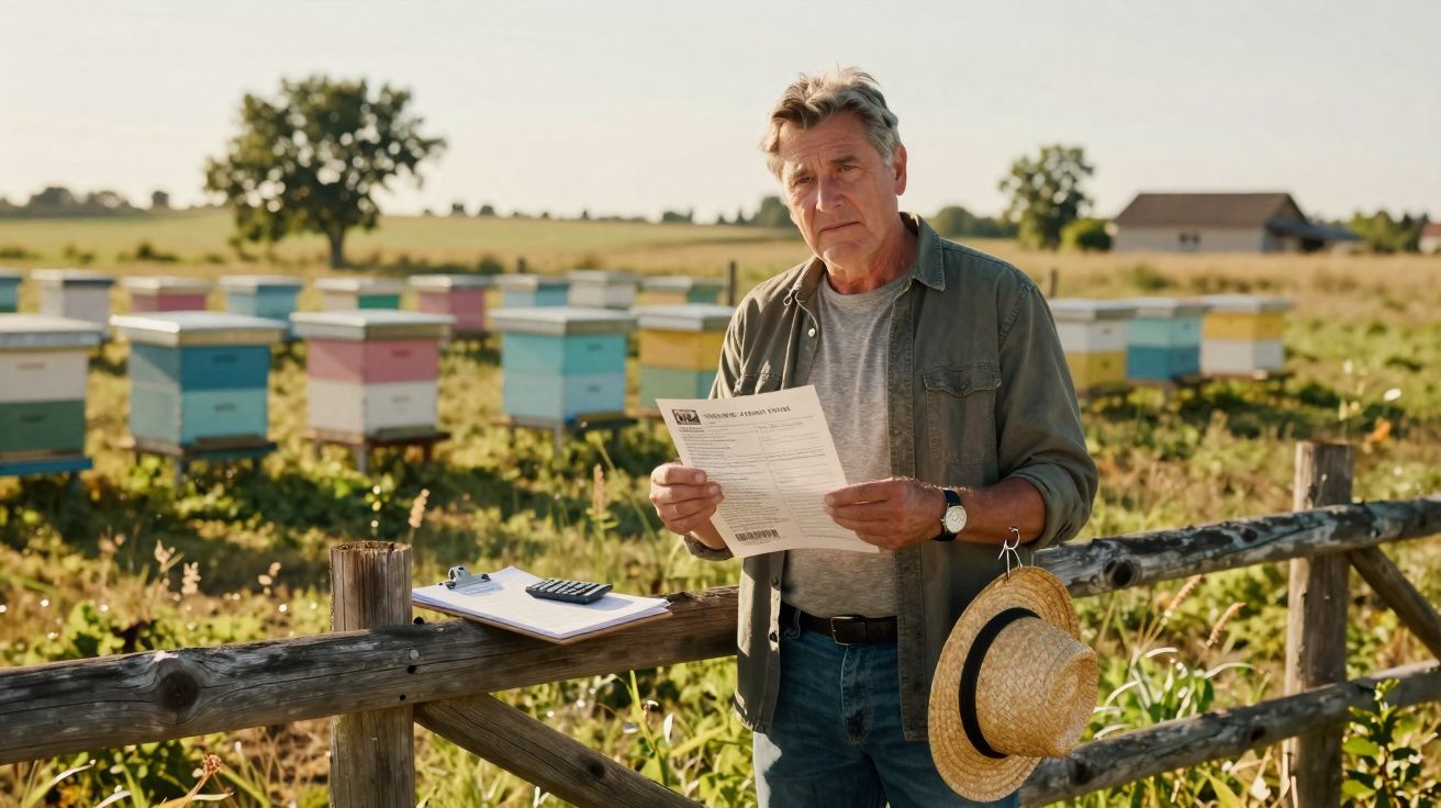 Homem idoso na colheita, segurando papel, com colmeias coloridas e campo ao fundo.