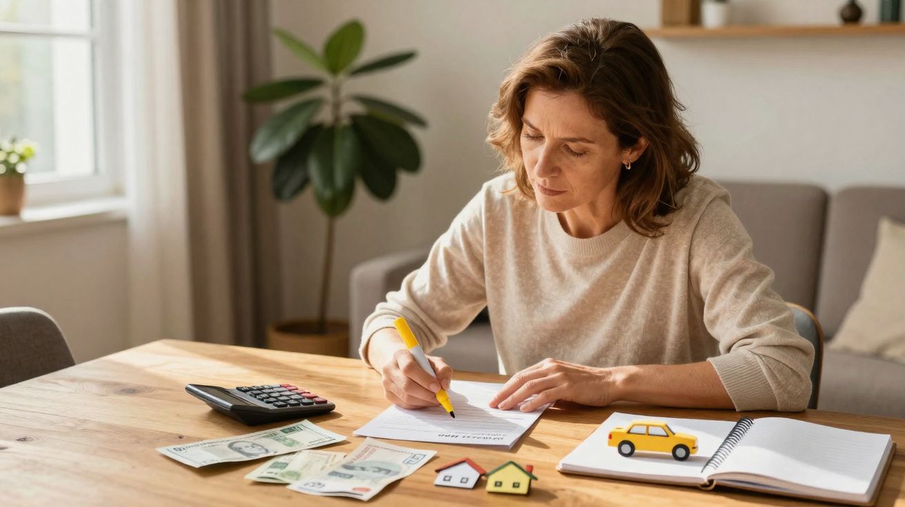 Mulher a fazer contas à mesa com notas, calculadora e miniaturas de casas e carro.