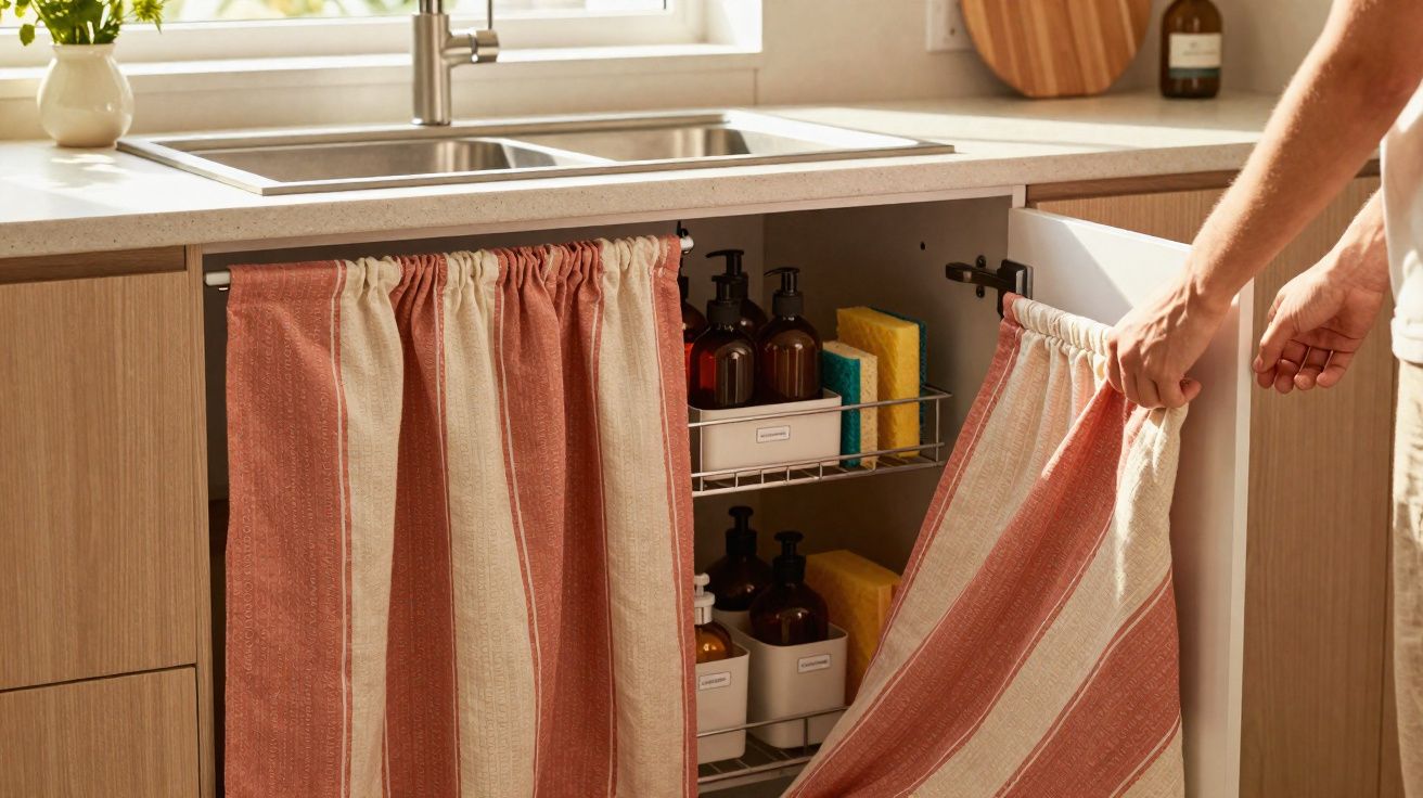 Armário de cozinha com cortinas listradas subtis, contendo frascos e esponjas organizados em prateleiras metálicas.