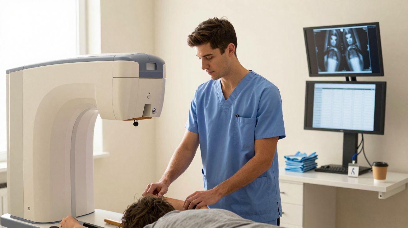 Técnico em saúde a realizar exame de densitometria óssea a paciente deitado numa clínica médica moderna.