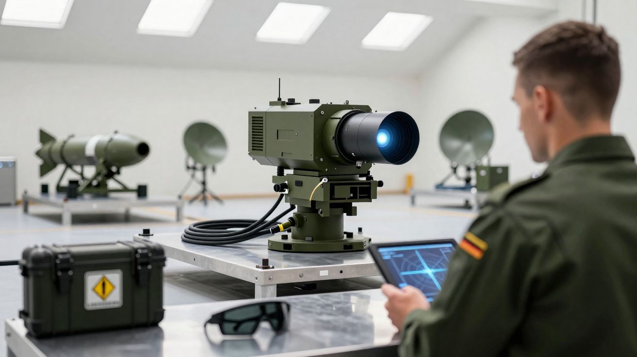 Soldado a controlar equipamento tecnológico militar avançado numa sala com dispositivos bélicos.
