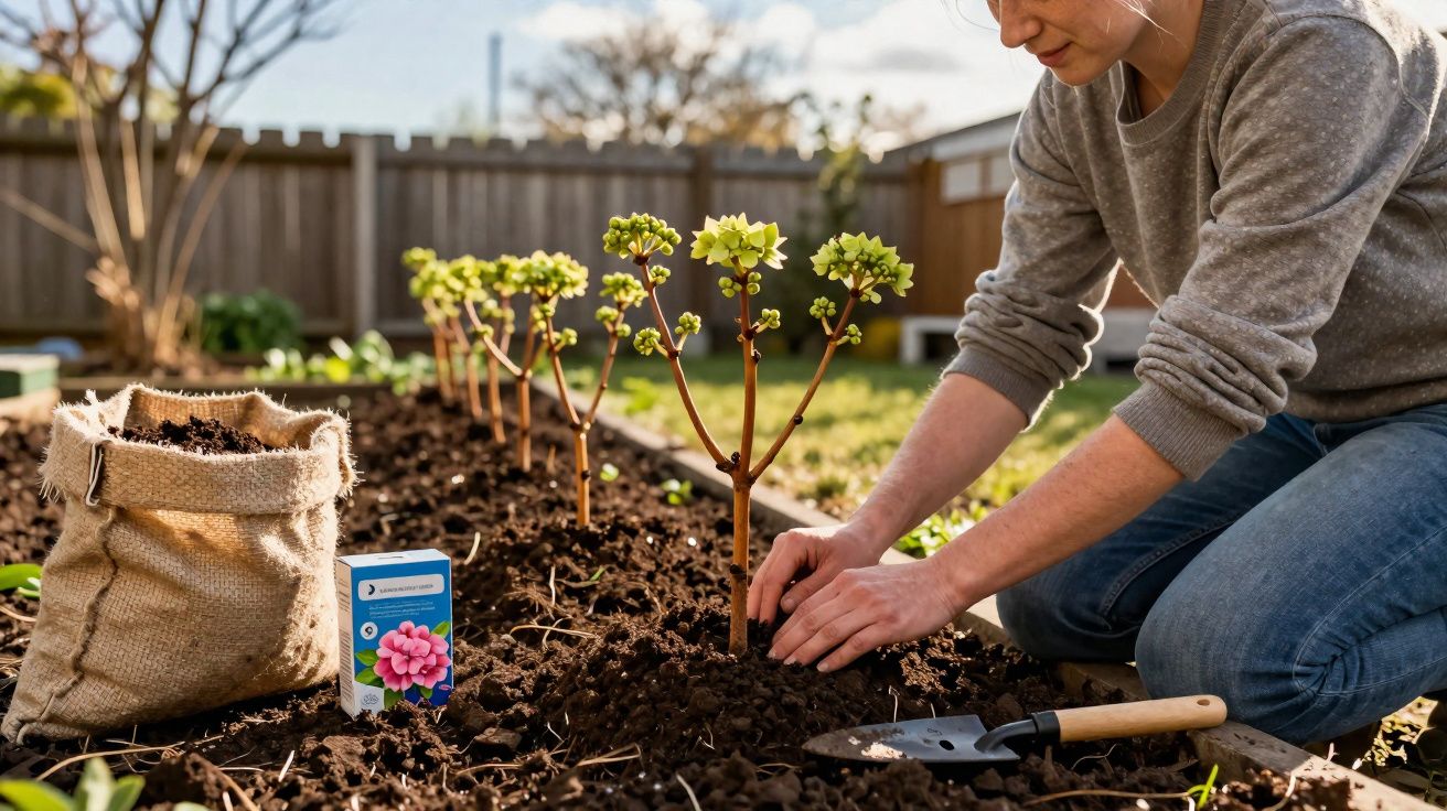Pessoa a plantar pequenas árvores numa horta com terra solta, sacos de terra e ferramentas de jardinagem.
