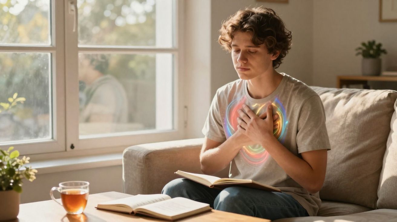 Jovem sentado no sofá com as mãos no peito, mostrando dor, ao lado de livros e chá numa sala iluminada.