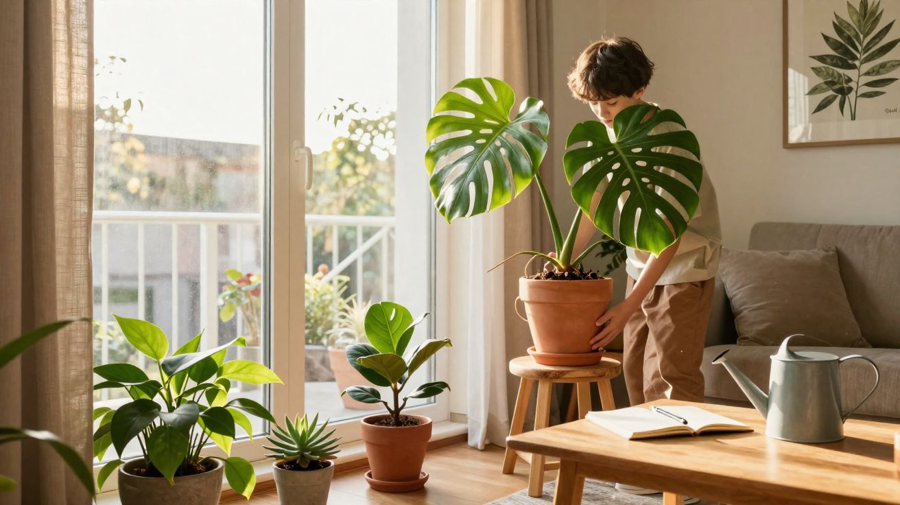 Criança trabalha na rega de plantas em vasos na sala iluminada por luz natural suave.