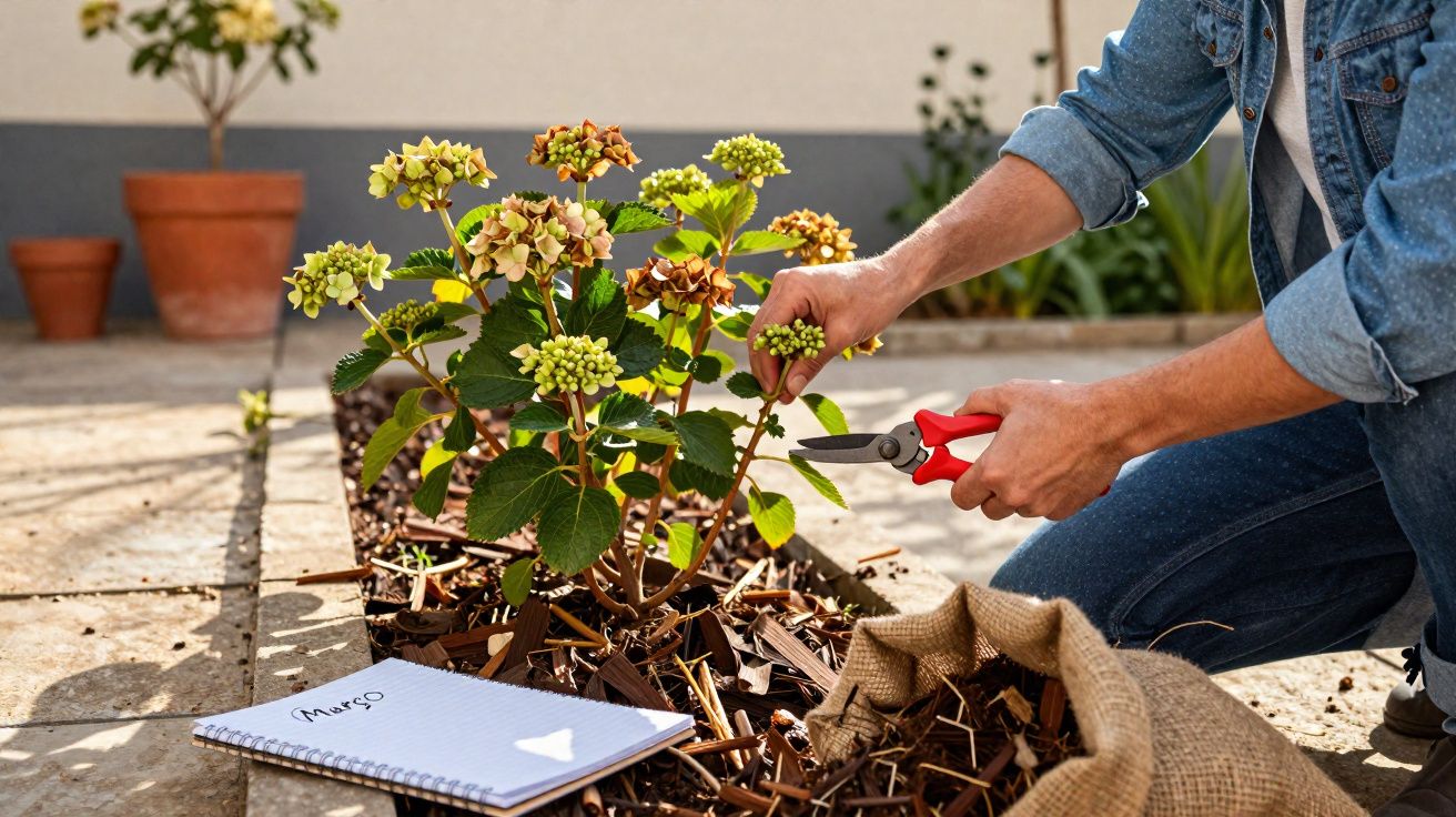 Pessoa a podar flores coloridas numa cama de plantas com tesoura de jardinagem, junto a caderno e saco de juta.