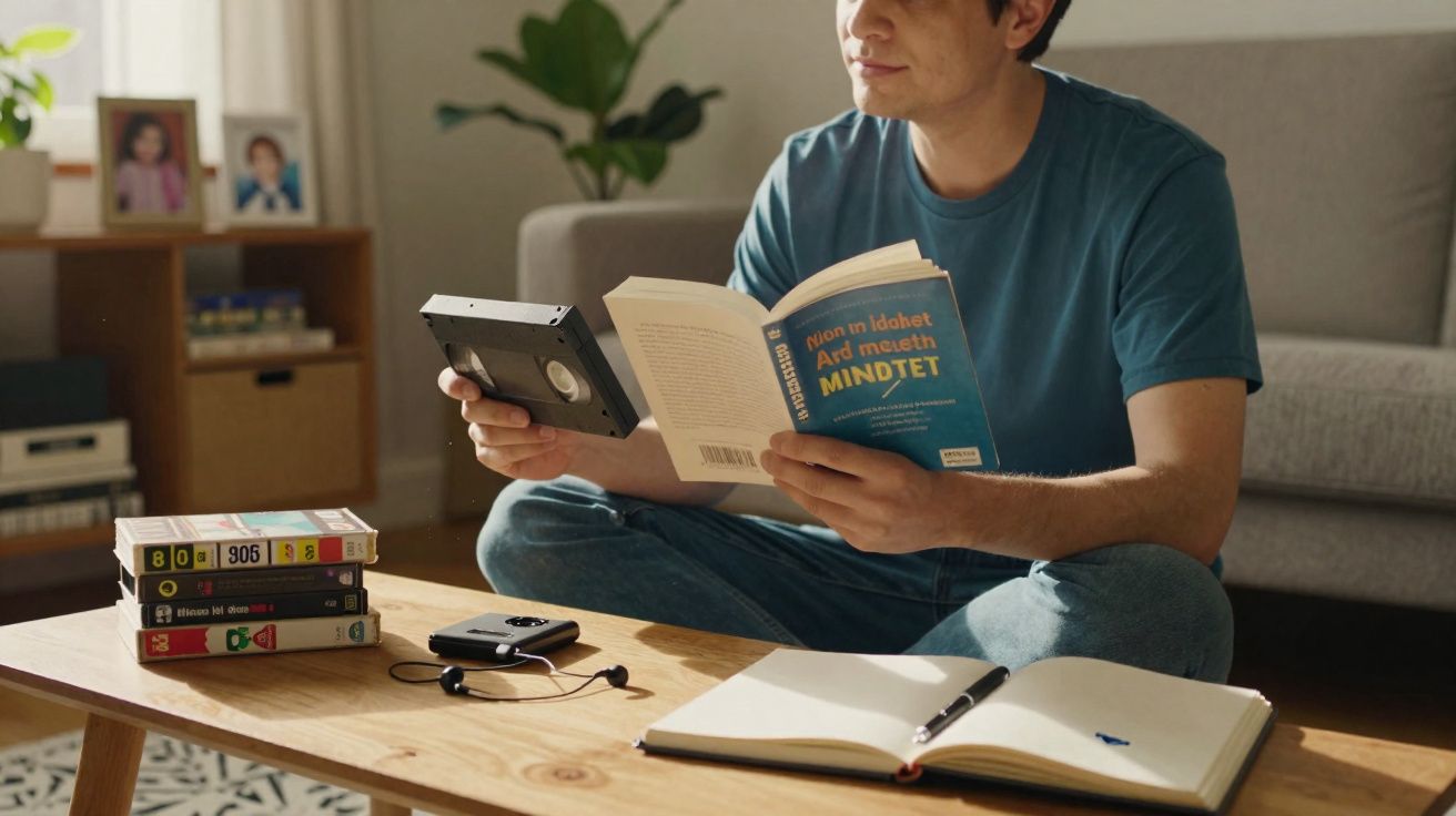 Homem sentado no chão a ler um livro e a segurar uma cassete VHS junto a uma mesa com cassetes e um caderno.