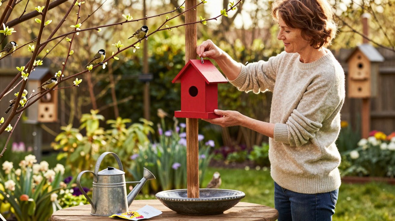 Mulher a pendurar uma casinha de pássaros vermelha num poste no jardim primaveril.
