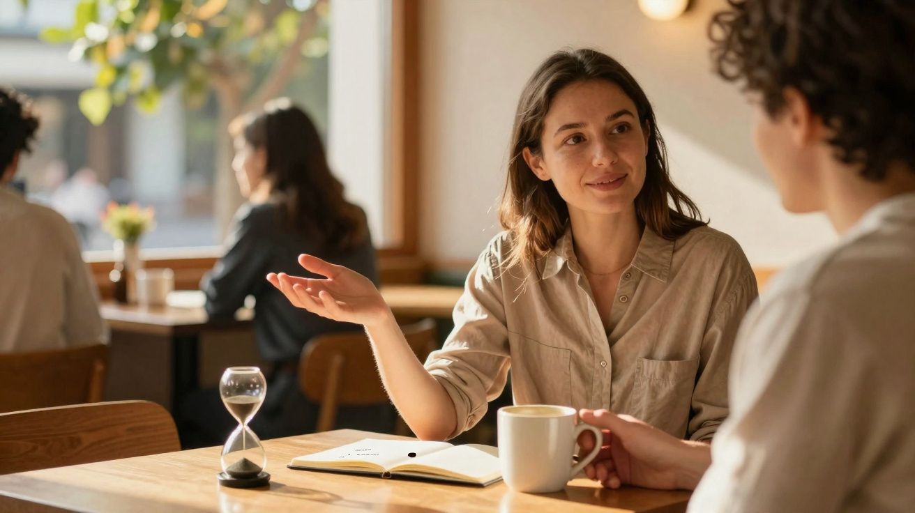 Duas pessoas conversam num café, com caneca, livro aberto e ampulheta sobre a mesa.