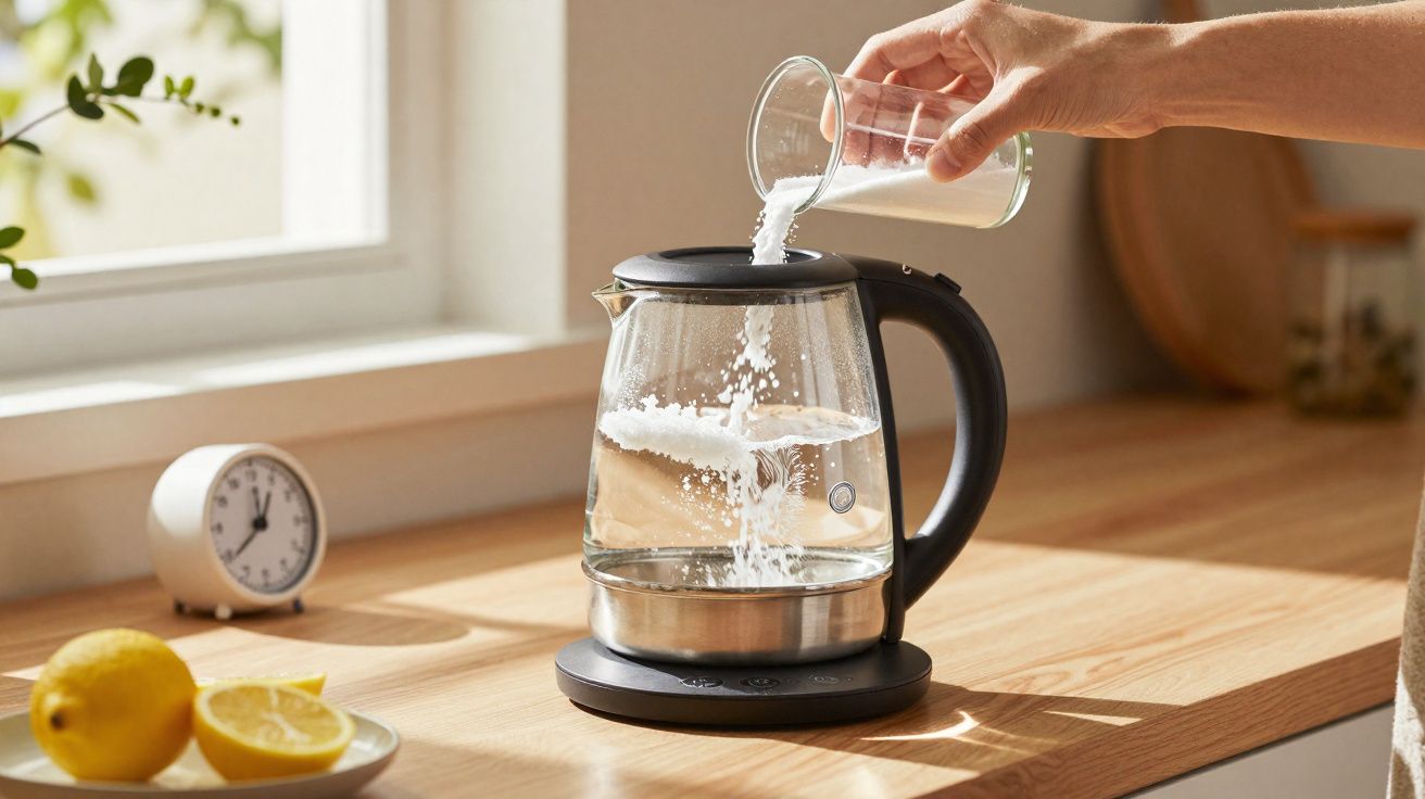 Mão a adicionar sal numa chaleira elétrica com limões e relógio numa bancada iluminada pela luz solar.