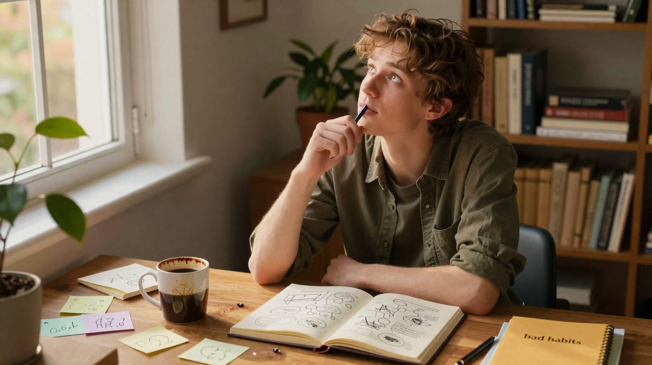 Jovem pensativo com caneta ao lado da boca, sentado à mesa com caderno de desenhos e café perto da janela.