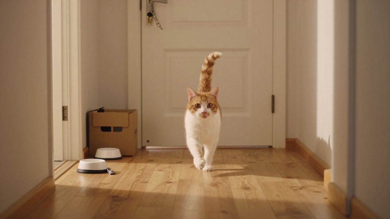 Gato branco com manchas castanhas a andar numa casa com chão de madeira e tigelas junto à parede.