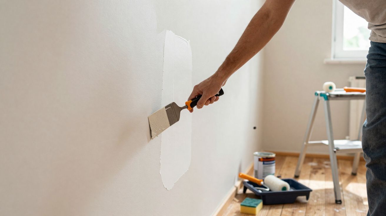 Pessoa a aplicar massa para reparar parede branca com espátula numa divisão com chão de madeira.