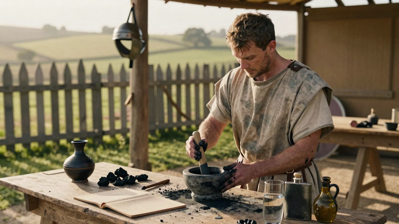 Homem com roupas antigas a moer carvão num almofariz de pedra numa mesa de madeira ao ar livre.