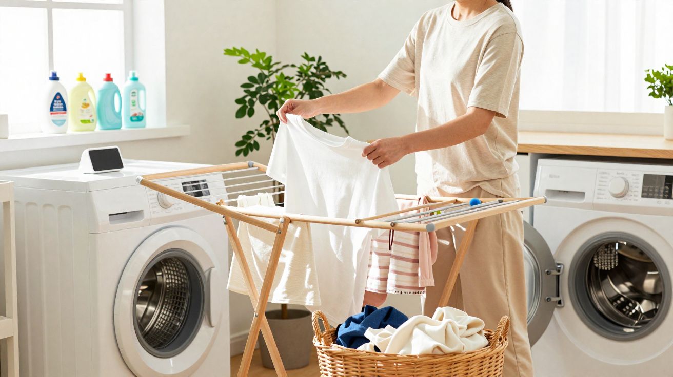 Pessoa a estender roupa branca num estendal interior numa lavandaria com máquina de lavar.