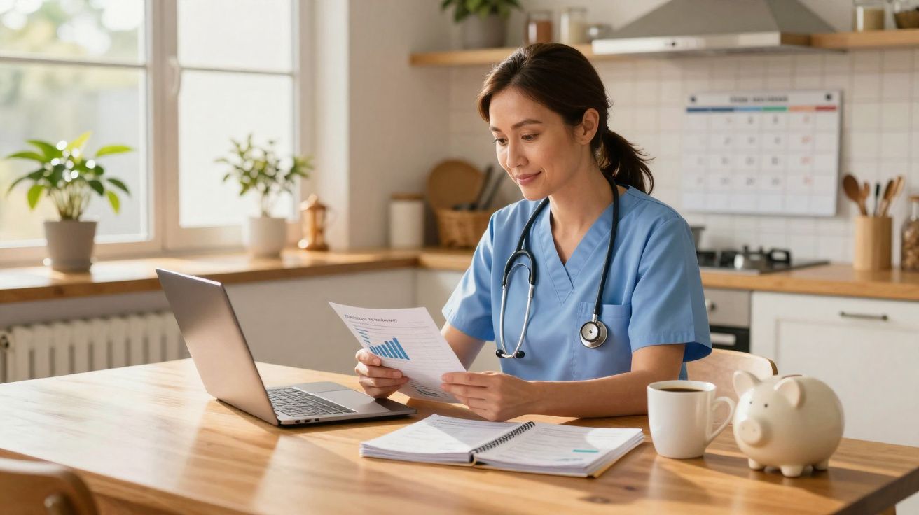 Mulher médica a analisar gráficos num documento, sentada à mesa com portátil e objetos pessoais numa cozinha.