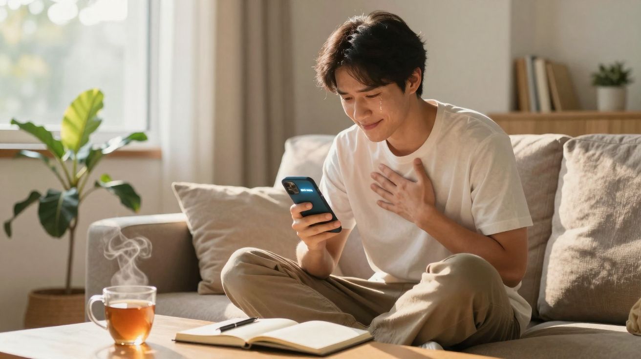 Jovem sentado no sofá a sorrir emocionado enquanto olha para o telemóvel com chá e caderno na mesa.