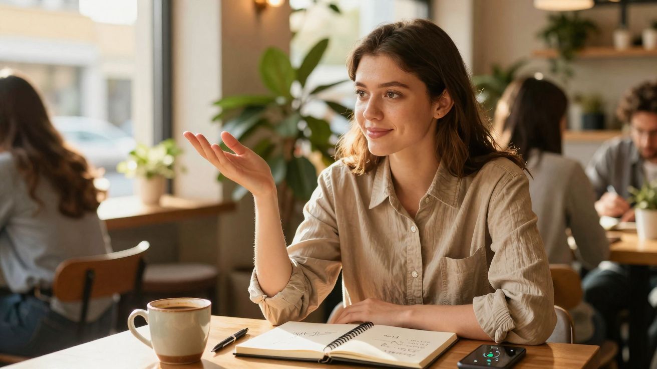 Jovem mulher sentada numa mesa de café, a ler e escrevendo num caderno, com uma chávena ao lado.