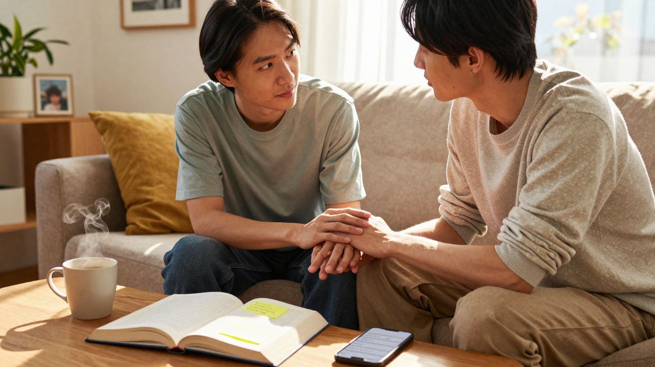 Duas pessoas sentadas no sofá, uma confortando a outra enquanto seguram as mãos.