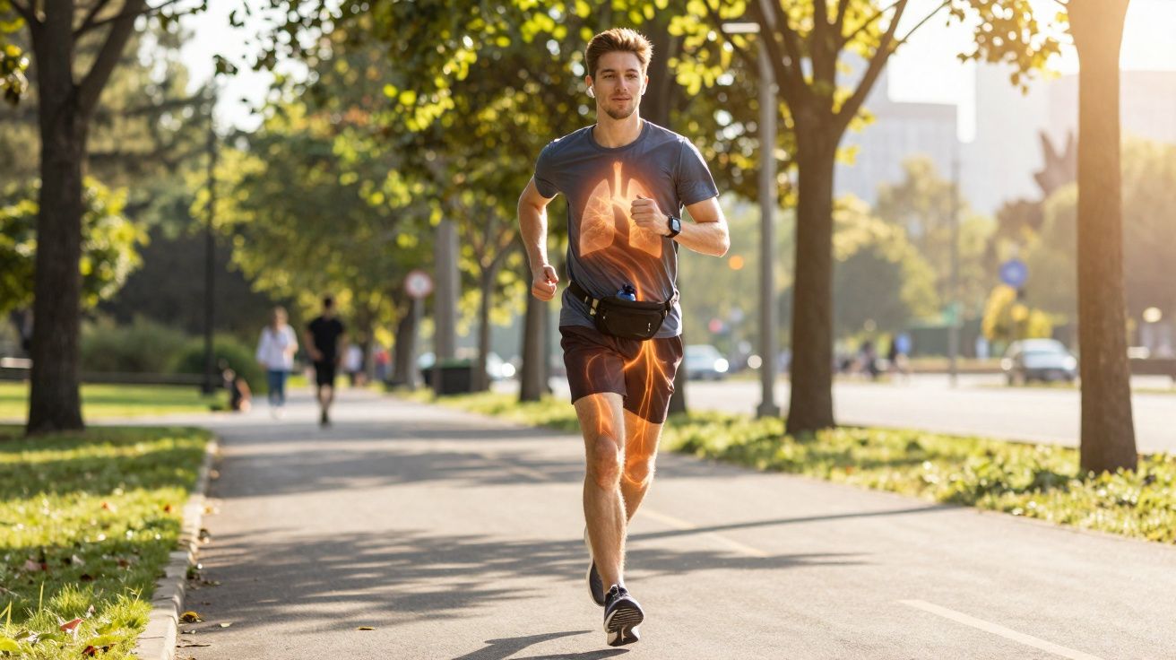 Homem a correr num parque, imagem sobreposta de pulmões e sistema cardiovascular em destaque.