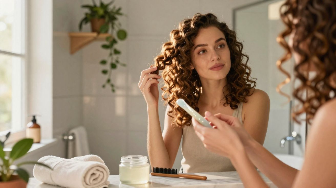 Mulher com cabelo encaracolado a cuidar do cabelo em casa, sentada diante de um espelho no lavatório.