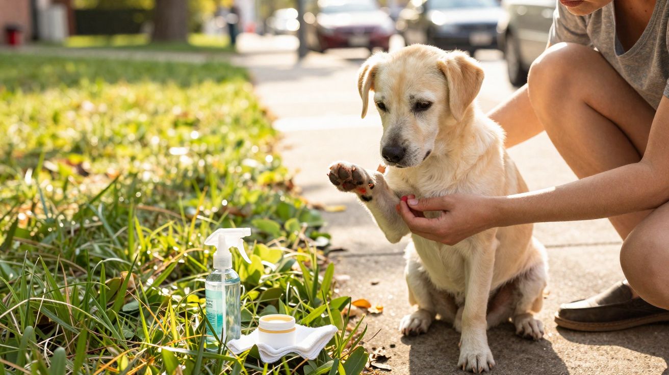 Pessoa a limpar a pata de um cão num passeio ao ar livre com produtos de cuidados para cães ao lado.