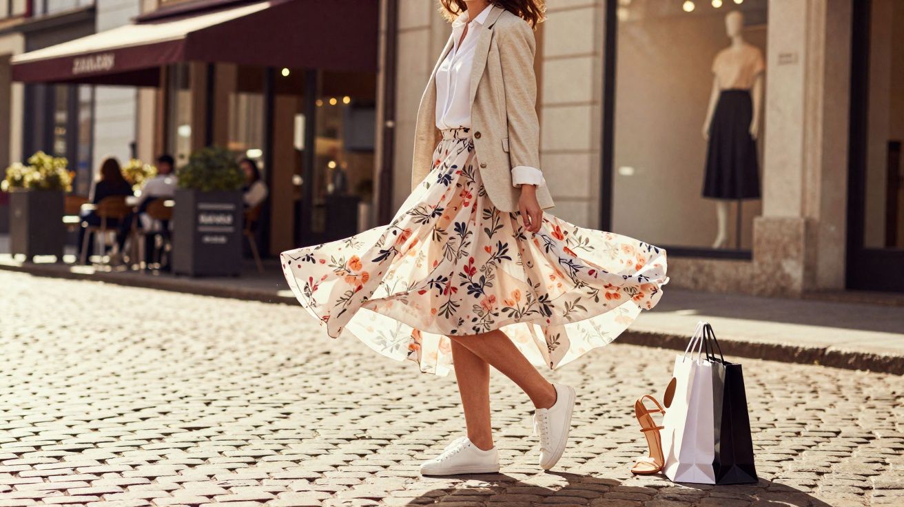 Mulher com saia rodada estampada e blazer bege a passear numa rua de calçada com sacos de compras ao lado.