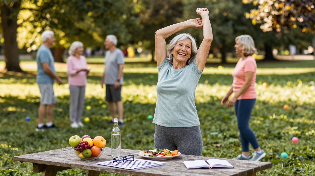 Mulher sénior a esticar os braços num parque, com mesa de piquenique e pessoas ao fundo a socializar.