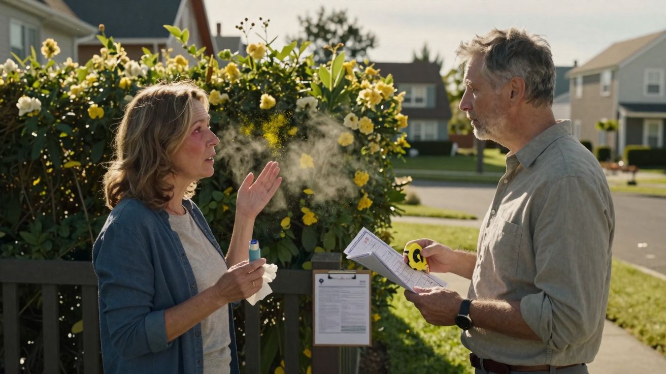 Mulher assoprando nebulizador facial ao ar livre enquanto conversa com homem que segura papel e fita métrica.