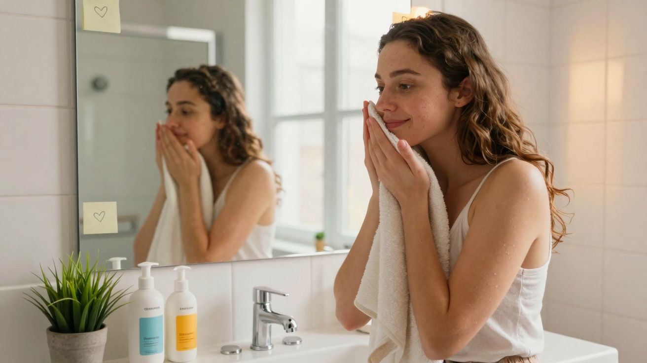 Mulher jovem a secar o rosto com uma toalha num lavatório, em frente a um espelho no casa de banho.