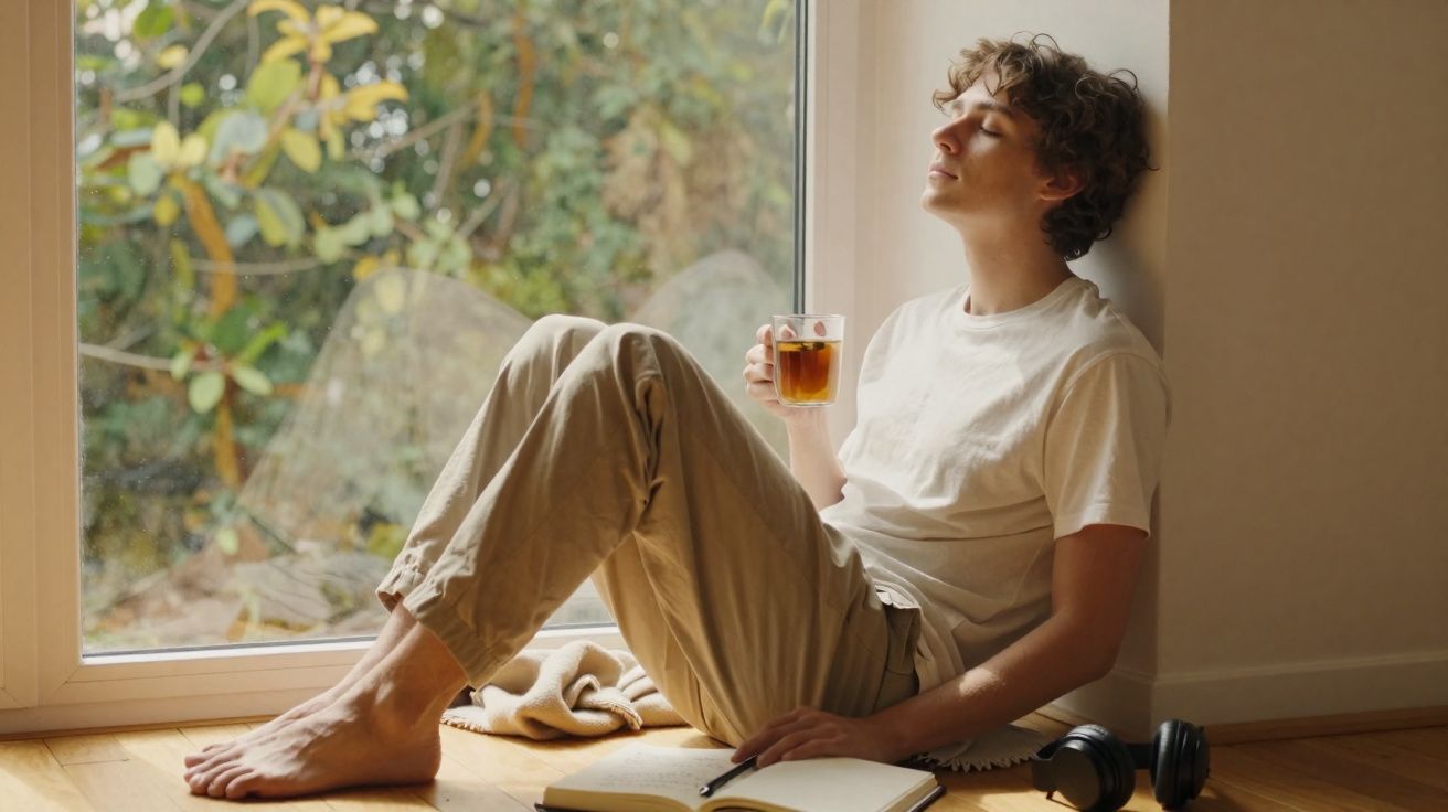 Jovem sentado no chão junto a uma janela, a beber chá e a relaxar com olhos fechados.