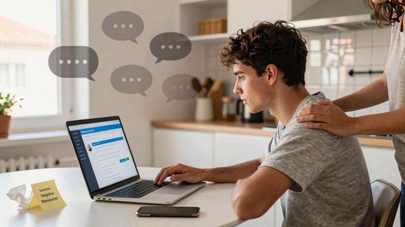 Jovem sentado a usar computador portátil, pessoa a confortá-lo com mão no ombro numa cozinha iluminada.