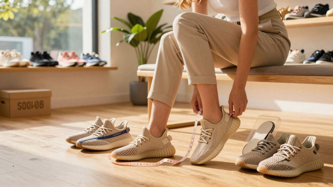 Pessoa sentada a medir o pé com uma fita métrica, experimentando um par de sapatilhas bege.