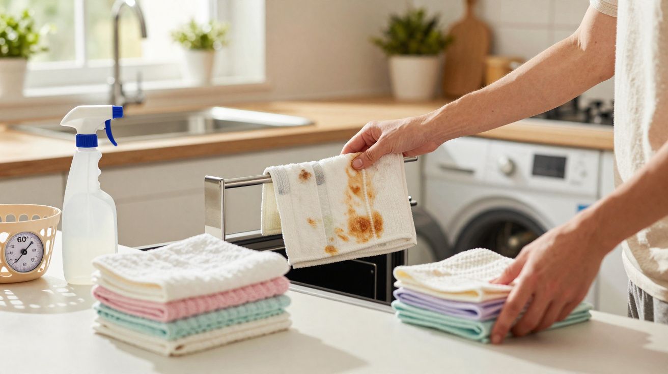 Pessoa a preparar panos limpos ao lado de um pano manchado num ambiente de lavandaria doméstica.