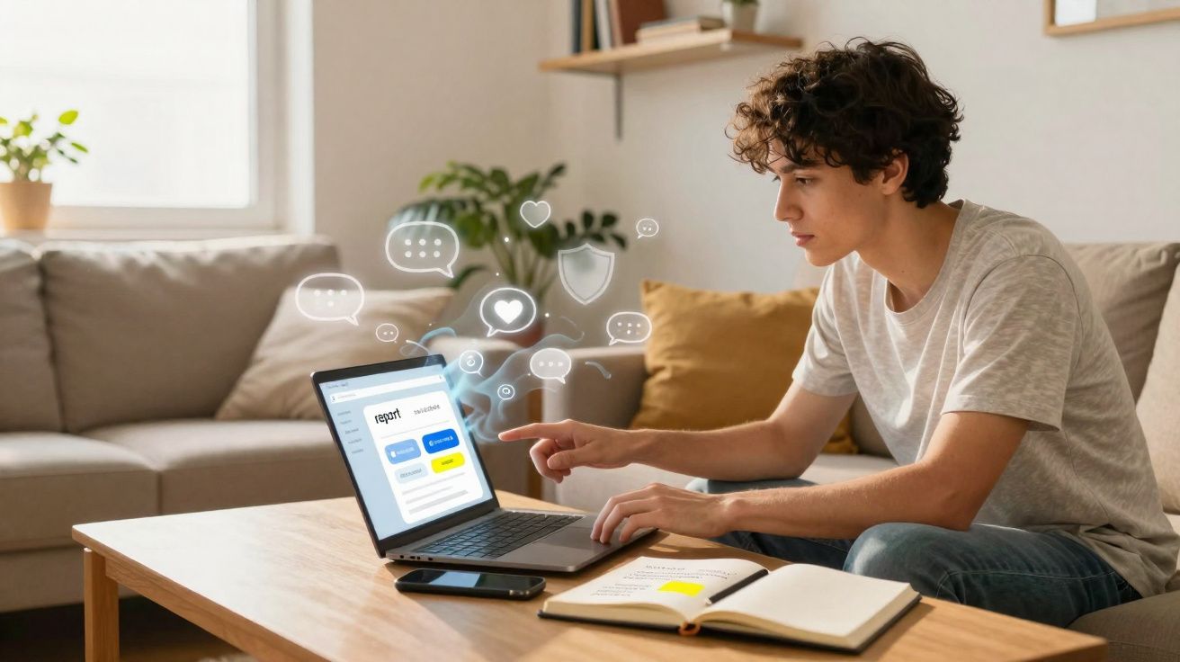 Jovem sentado numa sala a usar um computador portátil com ícones digitais de rede social à sua frente.