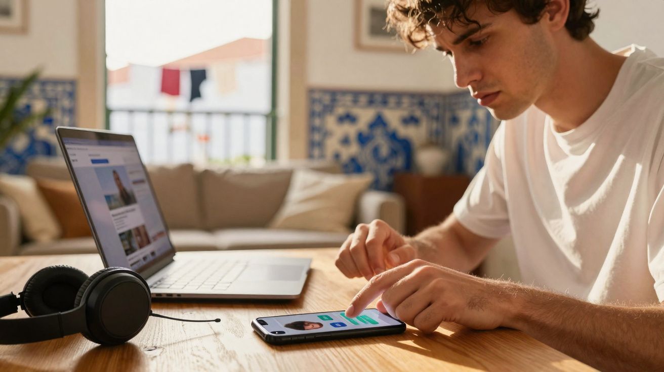 Jovem sentado à mesa a usar telemóvel, com computador portátil e auscultadores à sua frente numa sala iluminada.
