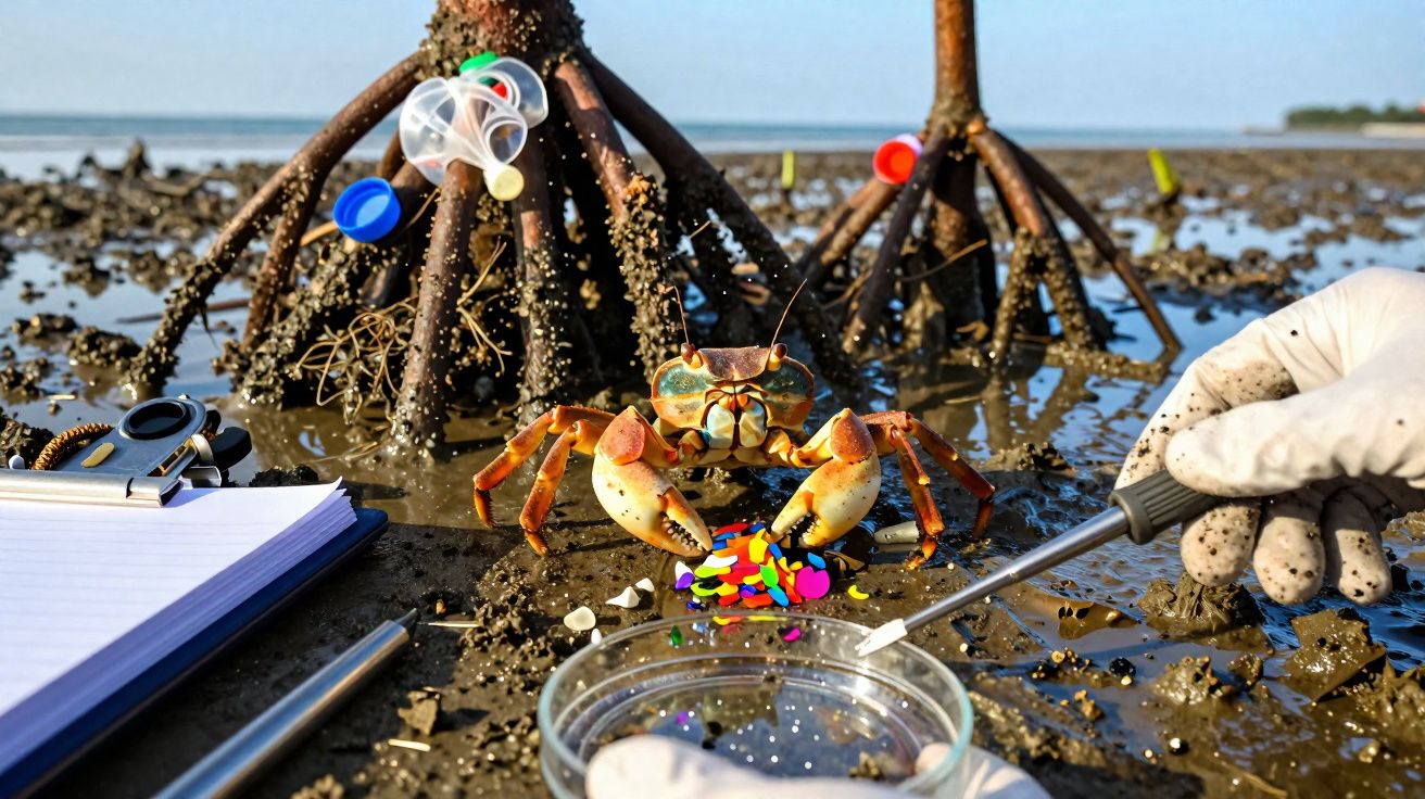 Caranguejo na lama com lixo plástico, mãos em luvas a recolher microplásticos para estudo ambiental.