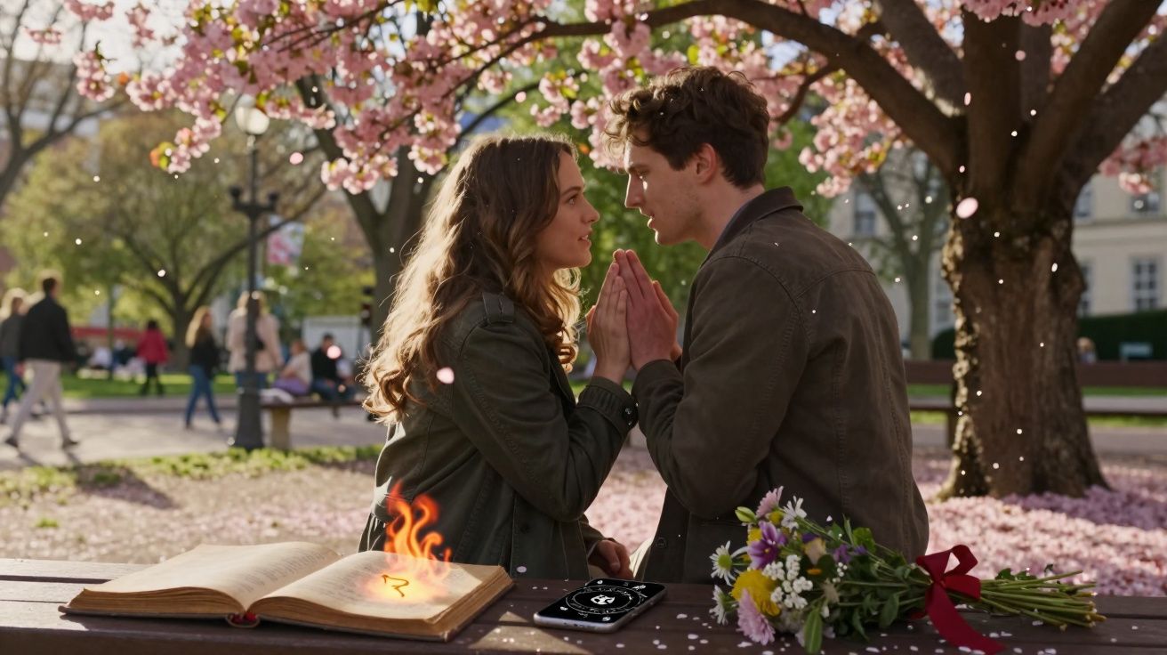 Casal jovem frente a frente sob árvore com flores cor-de-rosa, livro a arder, flores e telemóvel numa mesa de madeira.