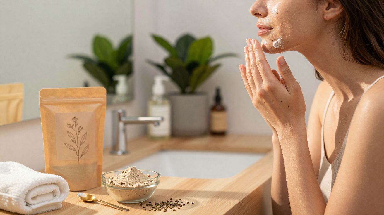 Mulher aplica máscara facial num lavatório com produtos naturais espalhados sobre a superfície de madeira.