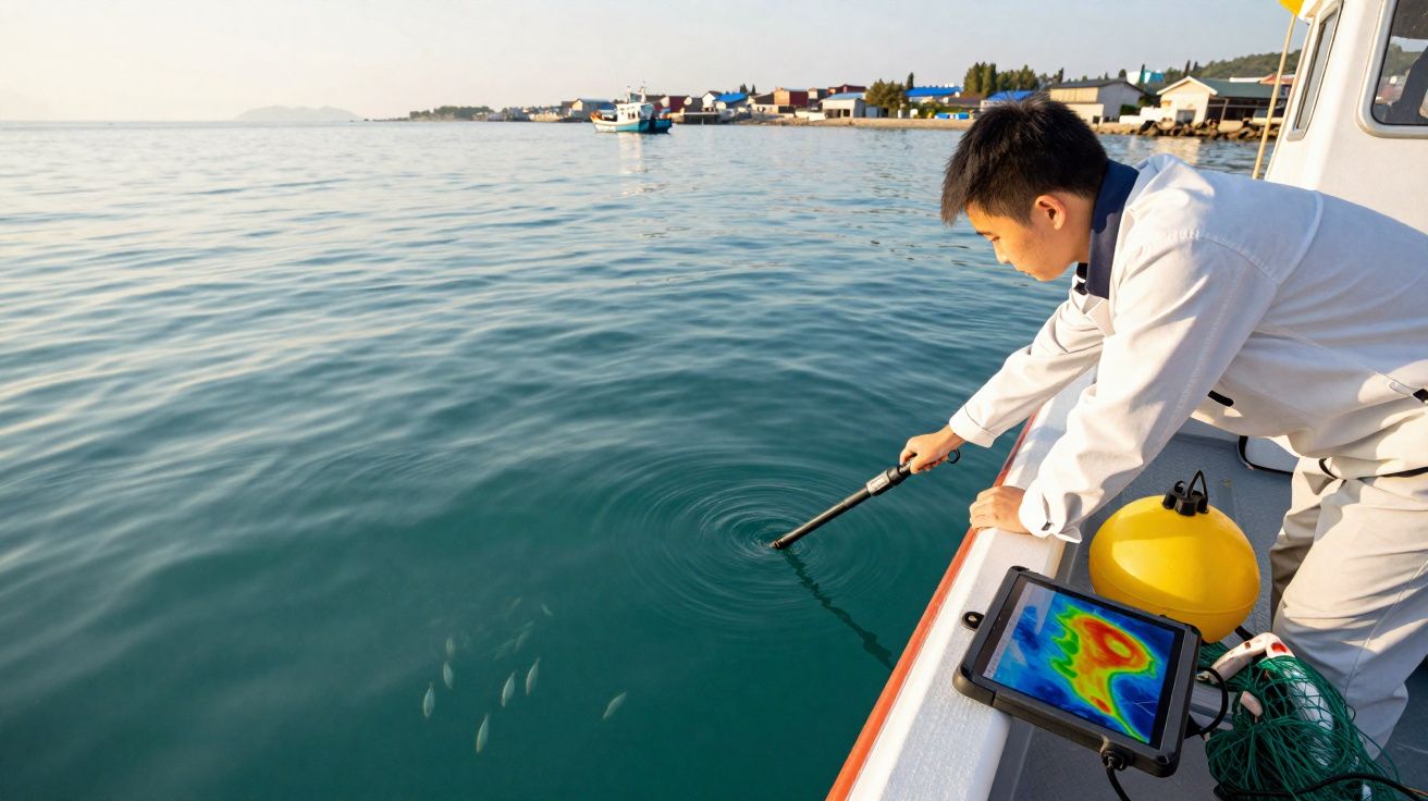 Homem numa embarcação a medir parâmetros da água do mar com equipamento científico digital.