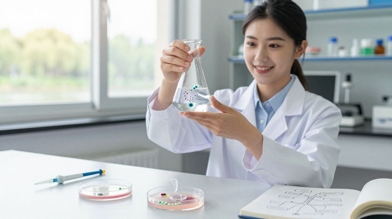 Cientista feminina sorridente segura balón de vidro com líquido em laboratório moderno bem iluminado.