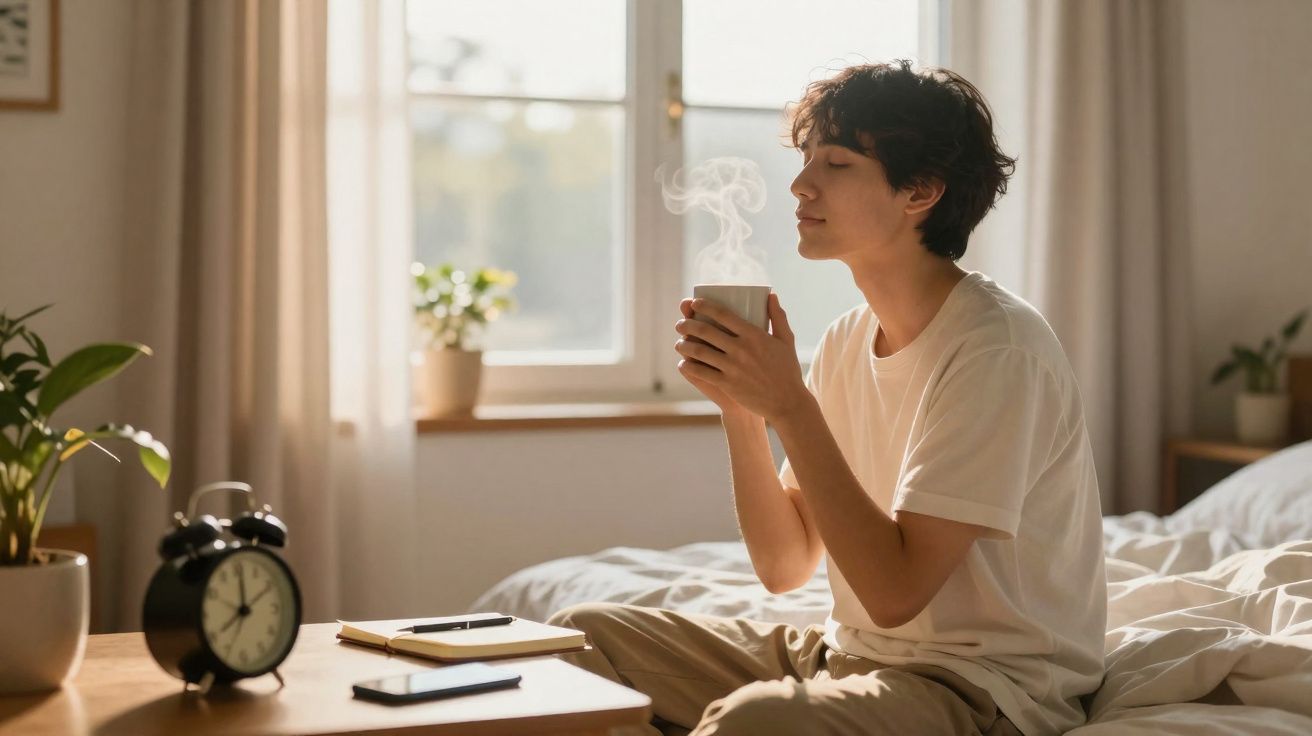Pessoa sentada na cama a cheirar uma chávena de bebida quente numa manhã iluminada.