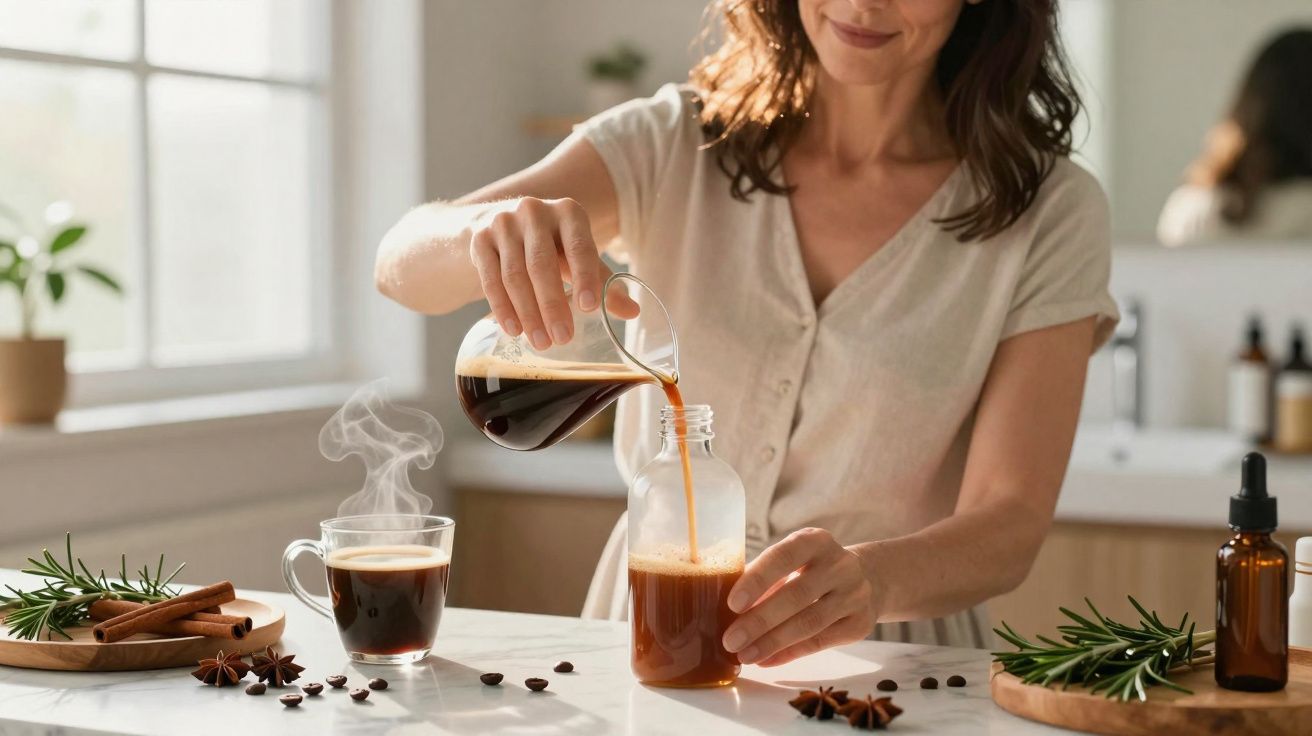 Mulher a verter café quente de jarro para garrafa na cozinha iluminada com aroma de especiarias ao redor.
