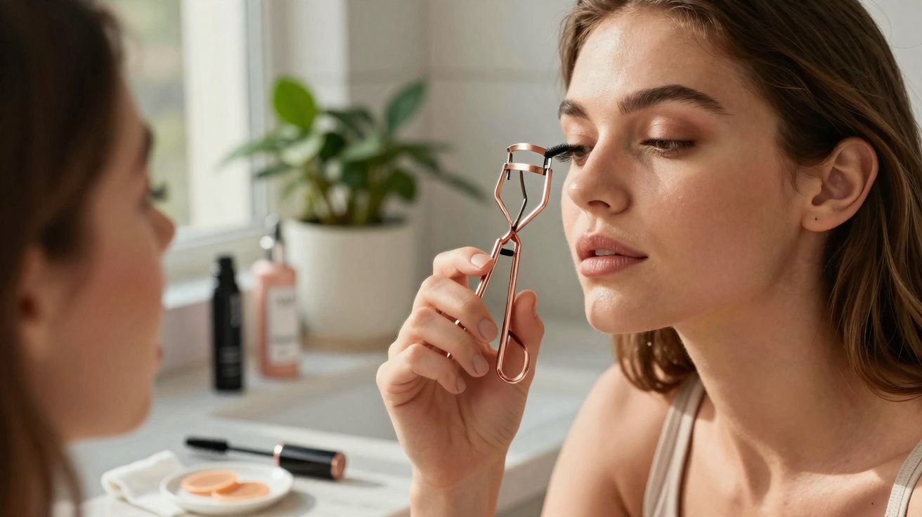 Mulher a usar curvador de pestanas enquanto se olha ao espelho num quarto iluminado.