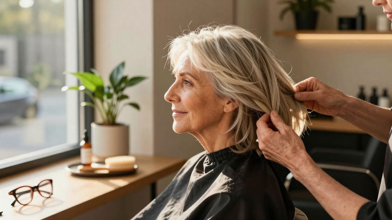 Mulher sénior a ser penteada num salão de cabeleireiro, sentada perto de uma janela com luz natural.