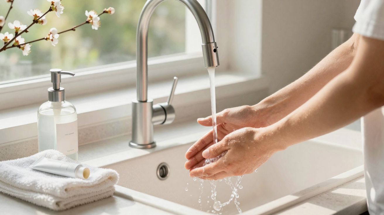 Pessoa a lavar as mãos com água numa pia branca perto de janela com frasco de sabonete e toalhas.