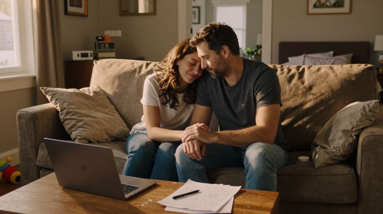 Casal sentado no sofá de casa, abraçado e a sorrir, com computador e papéis na mesa à frente.