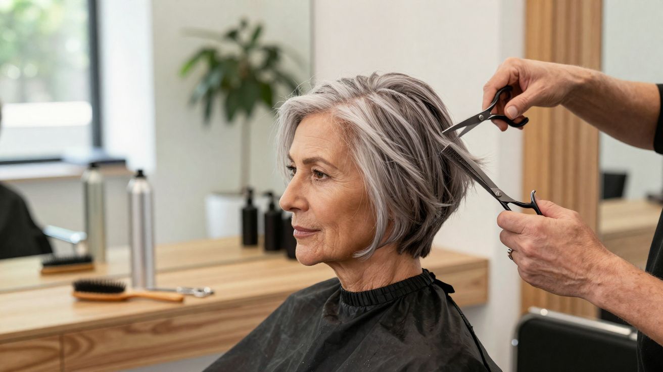 Mulher idosa sentada numa cadeira de cabeleireiro a receber corte de cabelo.