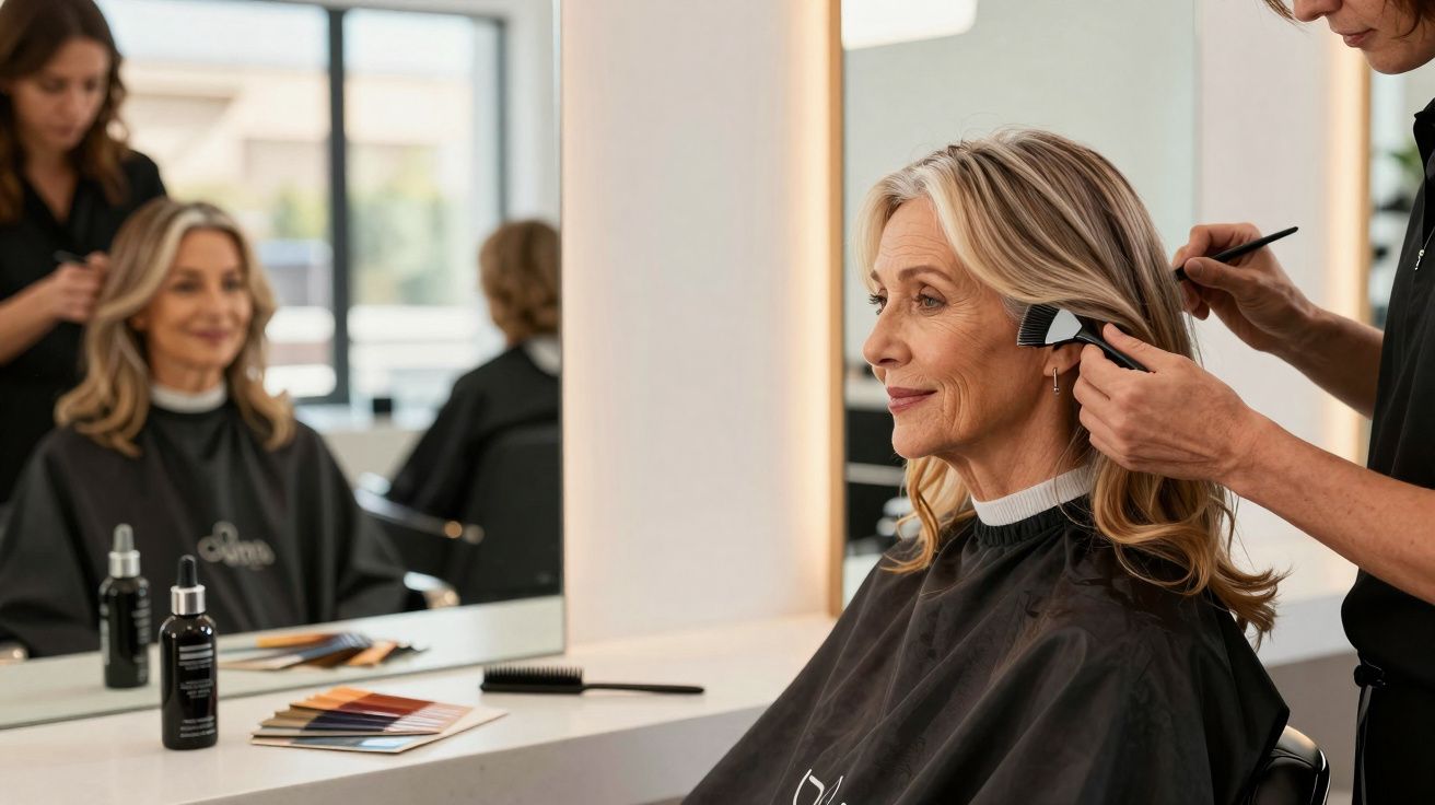 Mulher madura a receber coloração de cabelo num salão de beleza, sentada em frente ao espelho.