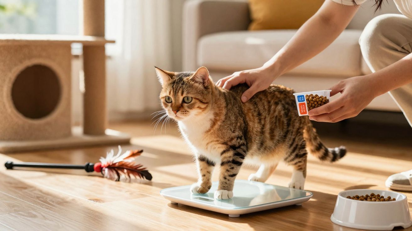 Gato tigrado em cima de balança digital com pessoa a alimentar e acariciar no chão de sala iluminada.