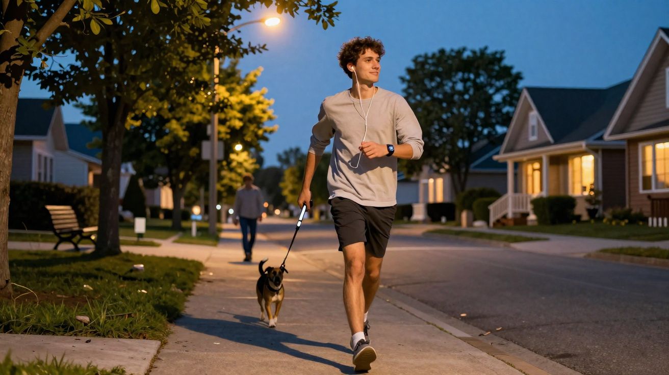 Jovem a correr com cão numa rua residencial ao entardecer com auscultadores brancos e relógio inteligente.